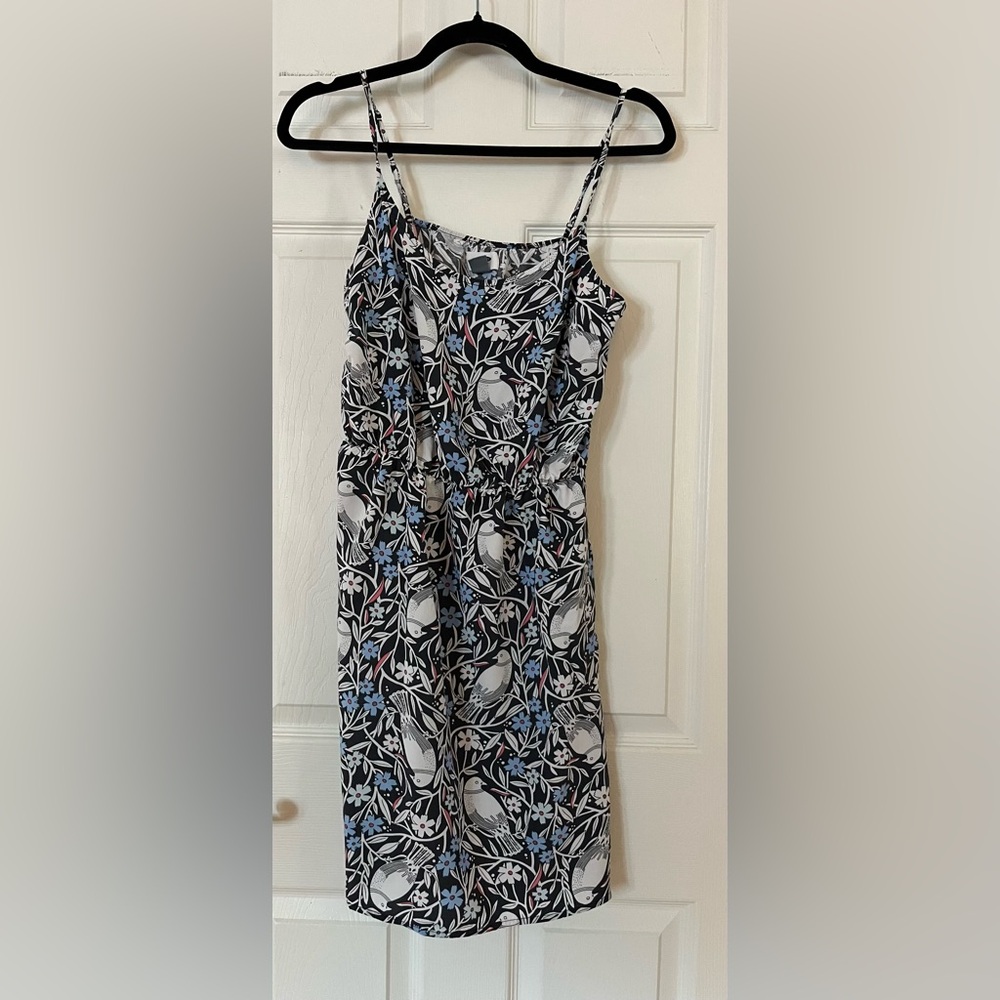 Old Navy Black Mini Dress with Blue & White Bird Floral Print